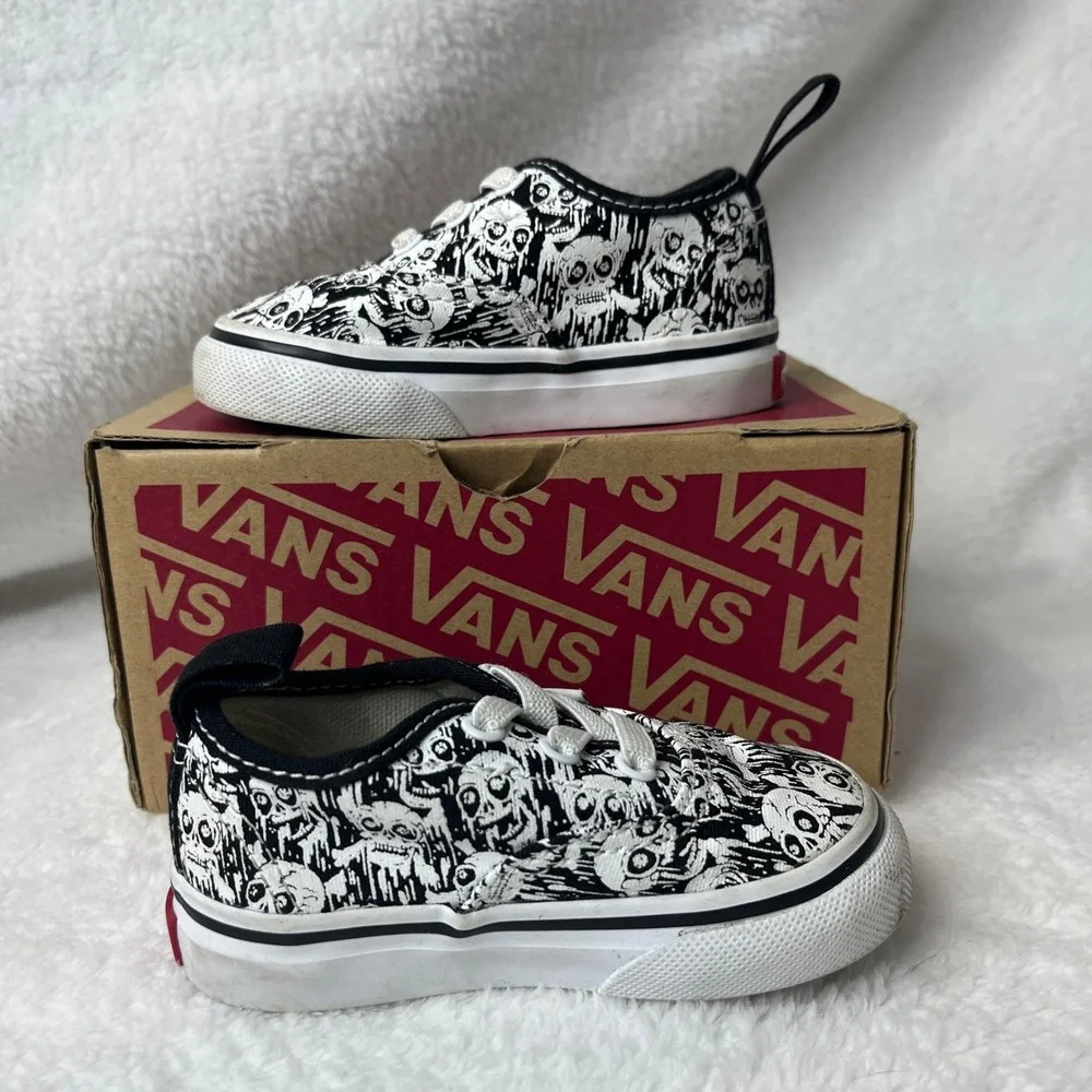 Toddler Vans Authentic Skate Shoes Skull Print Black‎ White Size 4 US